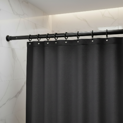 barre pour rideau de douche noire avec rideau et des crochets