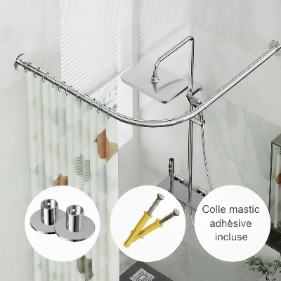 barre rideau de douche couleur argent avec accessoires inclus pour faire installation colle mastic et chevilles murales
