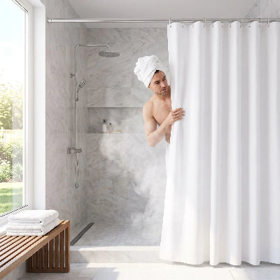 homme sortant de la douche se cache derrière le rideau de douche blanc avec une serviette sur la tête