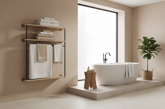 Porte serviette mural dans une salle de bain minimaliste avec serviettes blanches et beiges