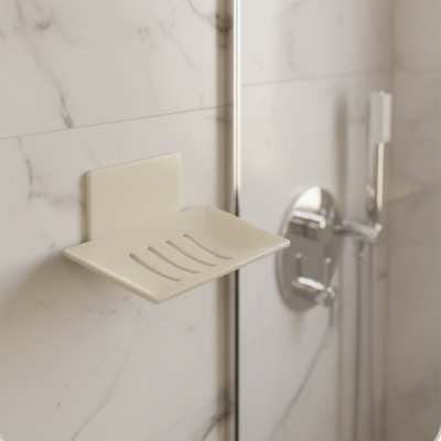 Porte-savon dans douche ivoire sur un marbre blanc