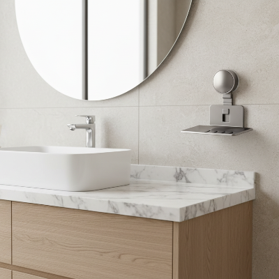 Porte savon douche argent dans une salle de bain très moderne