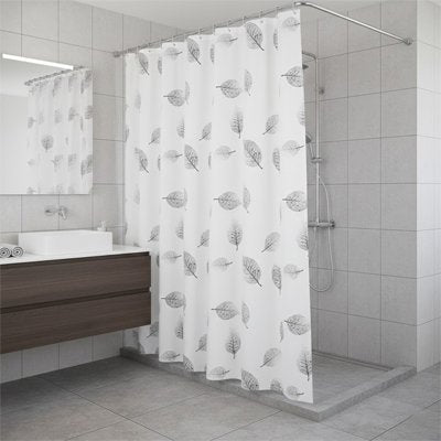 Rideau de douche blanc avec feuilles grises apaisantes