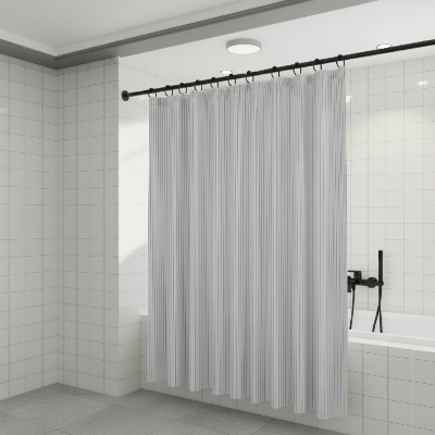 barre de rideau de douche noire avec des rideaux blancs