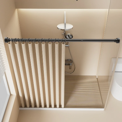 barre extensible de douche noire avec rideau crochets dans une douche de luxe
