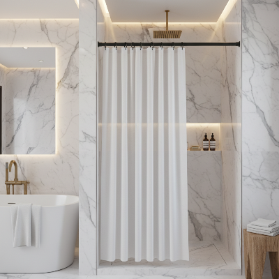 barre pour rideau de douche noir avec rideau et des crochets dans salle de bain luxueuse
