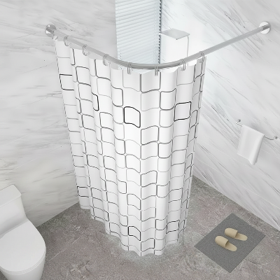 barre rideau de douche argent avec des rideaux crochets
