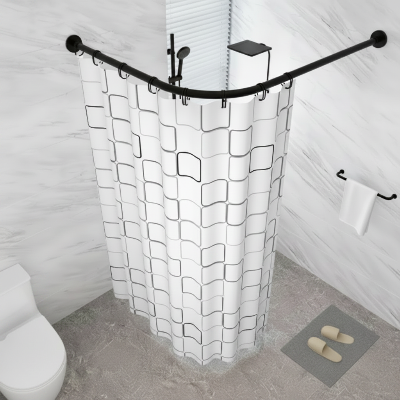 barre rideau de douche noire avec des rideaux et crochets