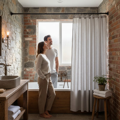 couple qui ont installés leur barre extensible de douche dans leur salle de bain style rustique