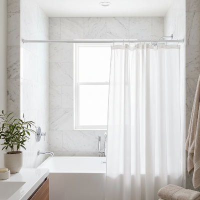 démontre la barre de douche blanche installer avec crochets et rideau de douche