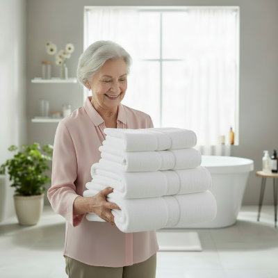 dame heureuse de ses nouveaux draps de bain blanc en piles sur ses deux mains