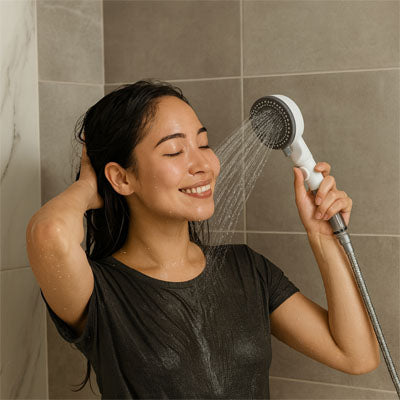 dame main a la tete et autre main sur le pommeau de douche anti calcaire eau