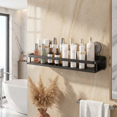 etagere salle de bain avec plusieurs produits dans une salle de bain aux teintes de beiges