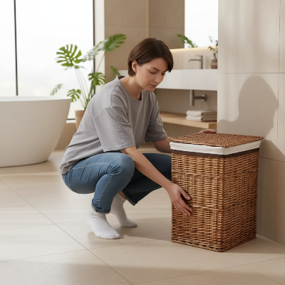 femme accroupie replace le panier à linge osier dans la salle de bain