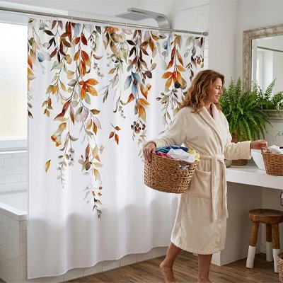 femme avec son panier a linges passe devant son rideaux douche blanc fleurs automne