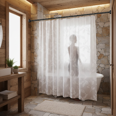femme-dans-la-baignoire-derrière-le-rideau-sur-la-barre-de-rideau-de-douche