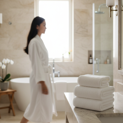 femme dans salle de bain avec drap de bain homme couleur blanc placés sur le comptoir
