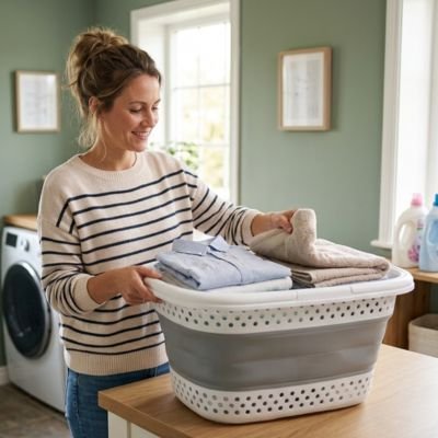 femme dépose le panier à linge plastique gris rempli de vêtements