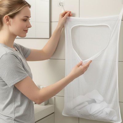 femme dépose linge dans panier a linge salle de bain blanc 
