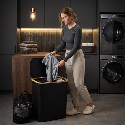 femme dépose un vêtement dans le panier à linge sale noir