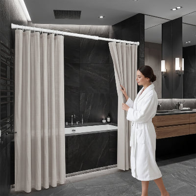 femme en peignoir ajuste les rideaux sur la barre de rideau extensible blanche dans une salle de bain moderne
