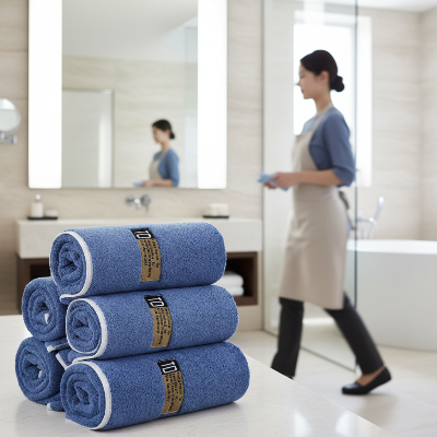femme-fait-du-menage-dans-la-salle-de-bain-en-passant-derriere-de-la-serviette-de-bain-en-lot-bleu-empilés-sur-le-comptoir