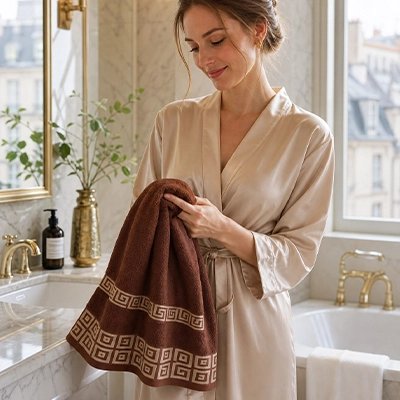 femme frotte ses mains avec serviette du lots serviette de bain brun