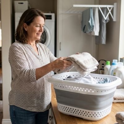 femme pli des vêtements qui sont dans le panier à linge plastique