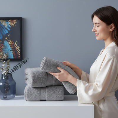 femme qui place ses nouveaux draps de bain gris sur sa tablette