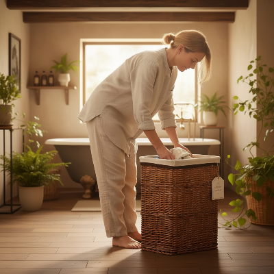 femme qui sort du linge provenant du panier à linge osier