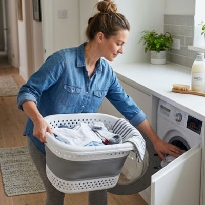 femme rempli le panier à linge plastique gris