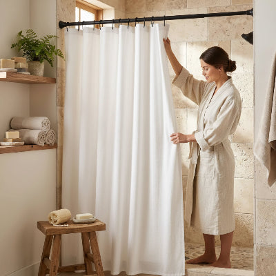 femme replace son rideau sur la barre de douche extensible couleur noir
