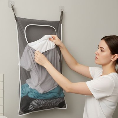 femme retire vêtements du panier a linge salle de bain gris