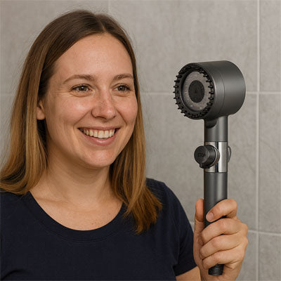 femme souriante pommeau de douche haute pression gris