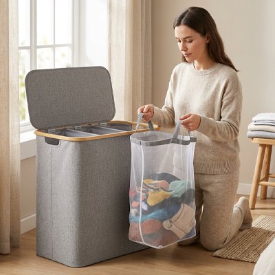femme sur ses genoux avec un sac de vêtements provenant du panier à linge sale gris