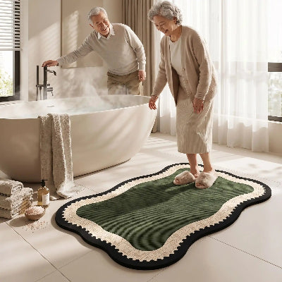 homme agé fait coulé la bain pendant que sa femme teste leur nouveau tapis pour salle de bain vert rétro