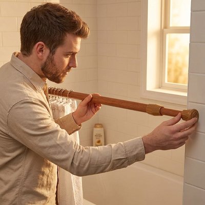 homme ajustant sa barre de douche couleur bois clair