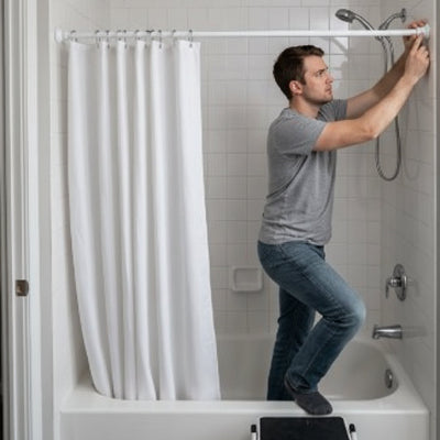 homme ajuste la barre de douche de couleur blanc
