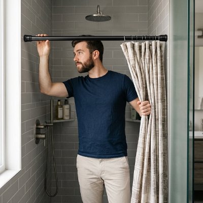 homme ajuste sa barre de douche de couleur noir