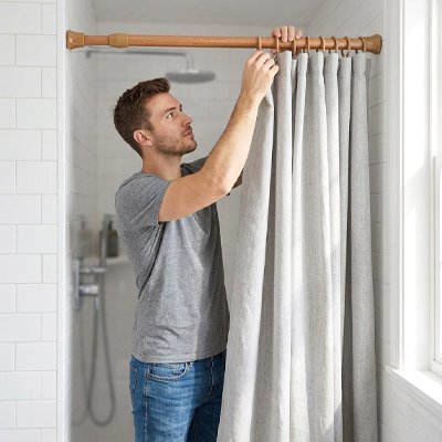 homme ajuste ses rideaux de douche sur sa barre de douche 