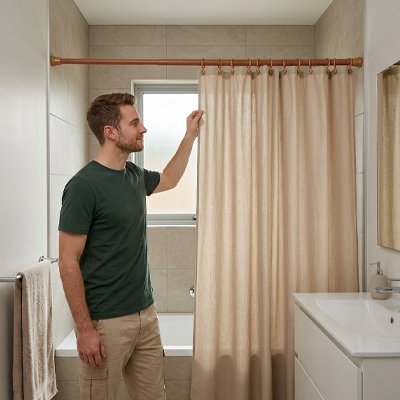homme ajuste ses rideaux sur sa barre de douche 
