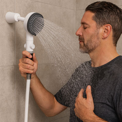 homme chandail noir pommeau de douche anti calcaire a la main eau