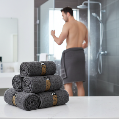 homme en arrière plan qui sort de la douche avec la serviette de bain en lot autour de la taille et une pile de serviettes grises sur le comptoir