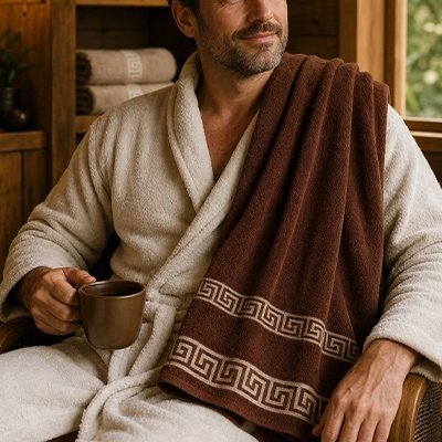 homme en peignoir avec une serviette sur lepaule du lots serviette de bain brun