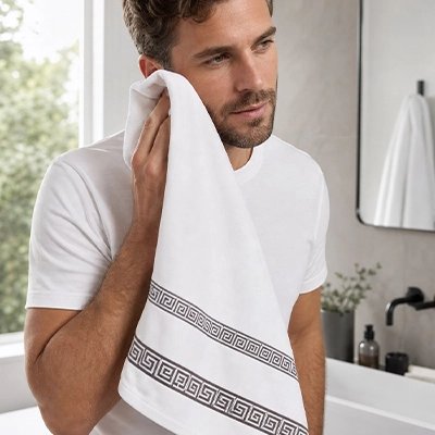 homme essui son visage avec une serviette du lots serviette de bain blanc