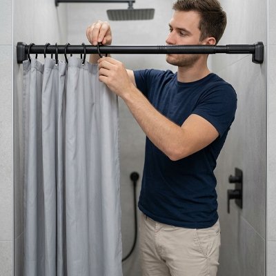 homme installe ses crochets et rideau sur sa barre de douche 