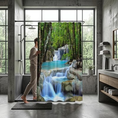 homme-regarde-derrière-le-rideau-de-douche-avec-un-motif-de-cascades