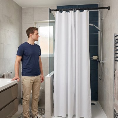 homme regarde son installation de barre de douche 