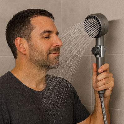 homme yeux fermes pommeau de douche gris eau main droite