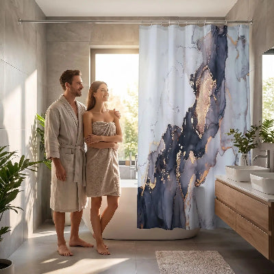 jeune couple heureux avec leur nouveau rideaux douche au motif marbre aux couleurs noir blanc or